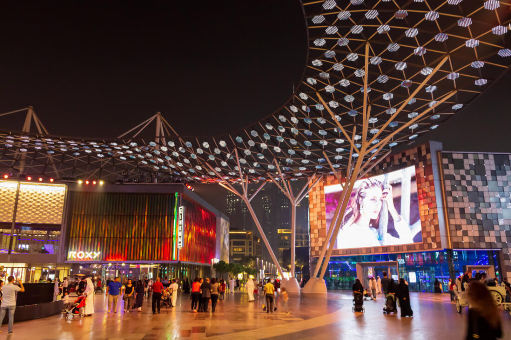 Dubai festival city mall exterior decorated with lights for dsf night festival